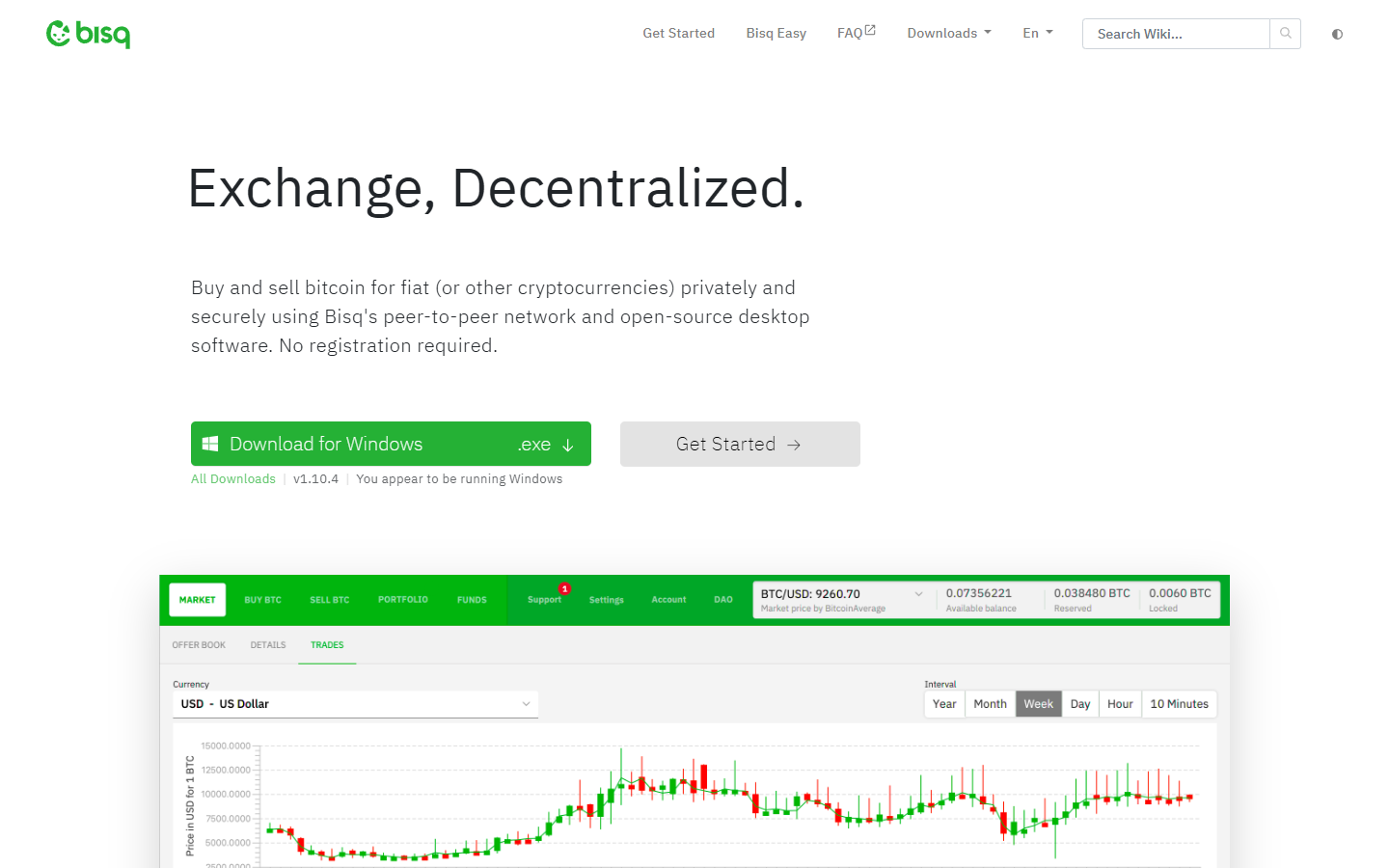 Bisq Network homepage showing decentralized Bitcoin exchange and download interface