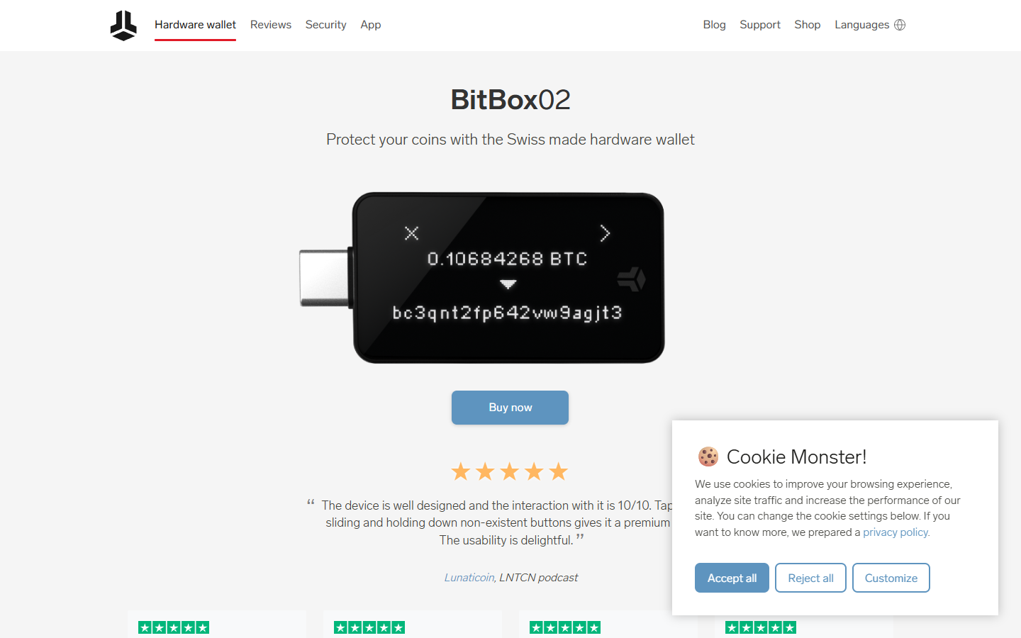 BitBox02 Bitcoin-only hardware wallet product page showing minimalist secure signing device