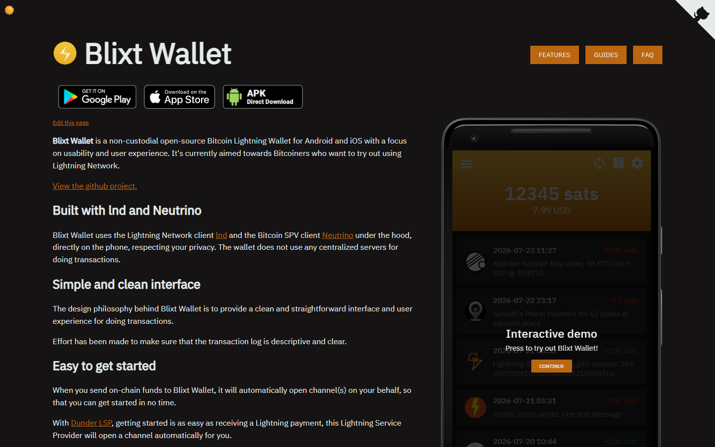 Blixt wallet homepage showing experimental open-source Lightning wallet for power users