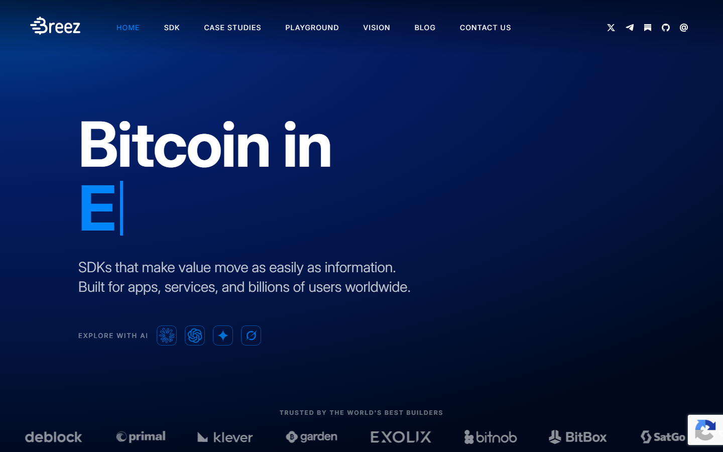 Breez wallet homepage showing payments-first Lightning wallet and merchant tools