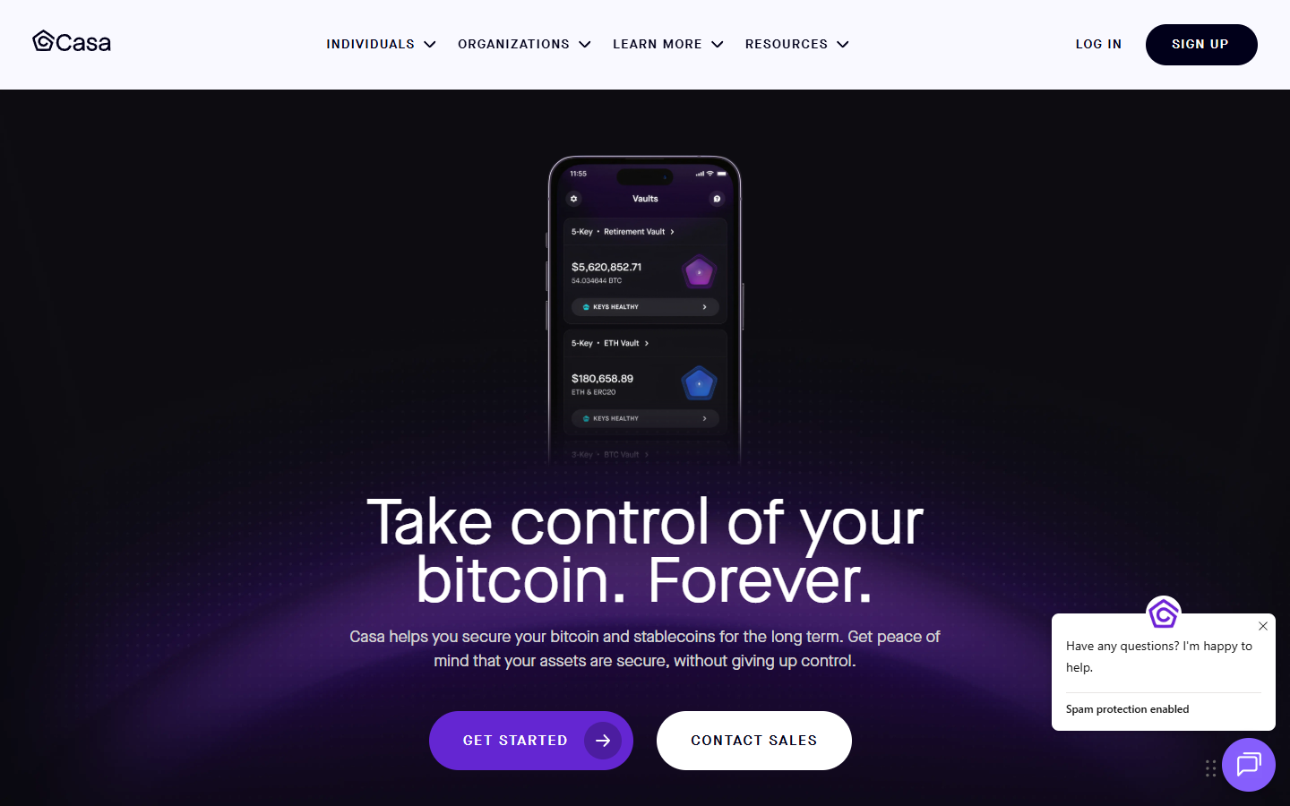 Casa homepage showing managed multisig custody with guided key recovery