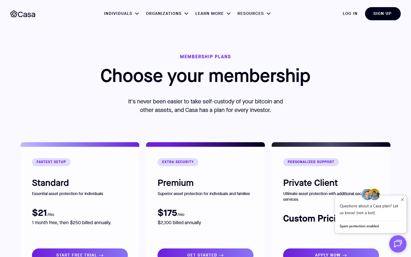 Casa pricing page showing multisig plan tiers and support inclusions