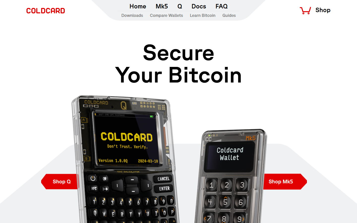 Coldcard hardware wallet homepage showing Bitcoin-only signing device and security features
