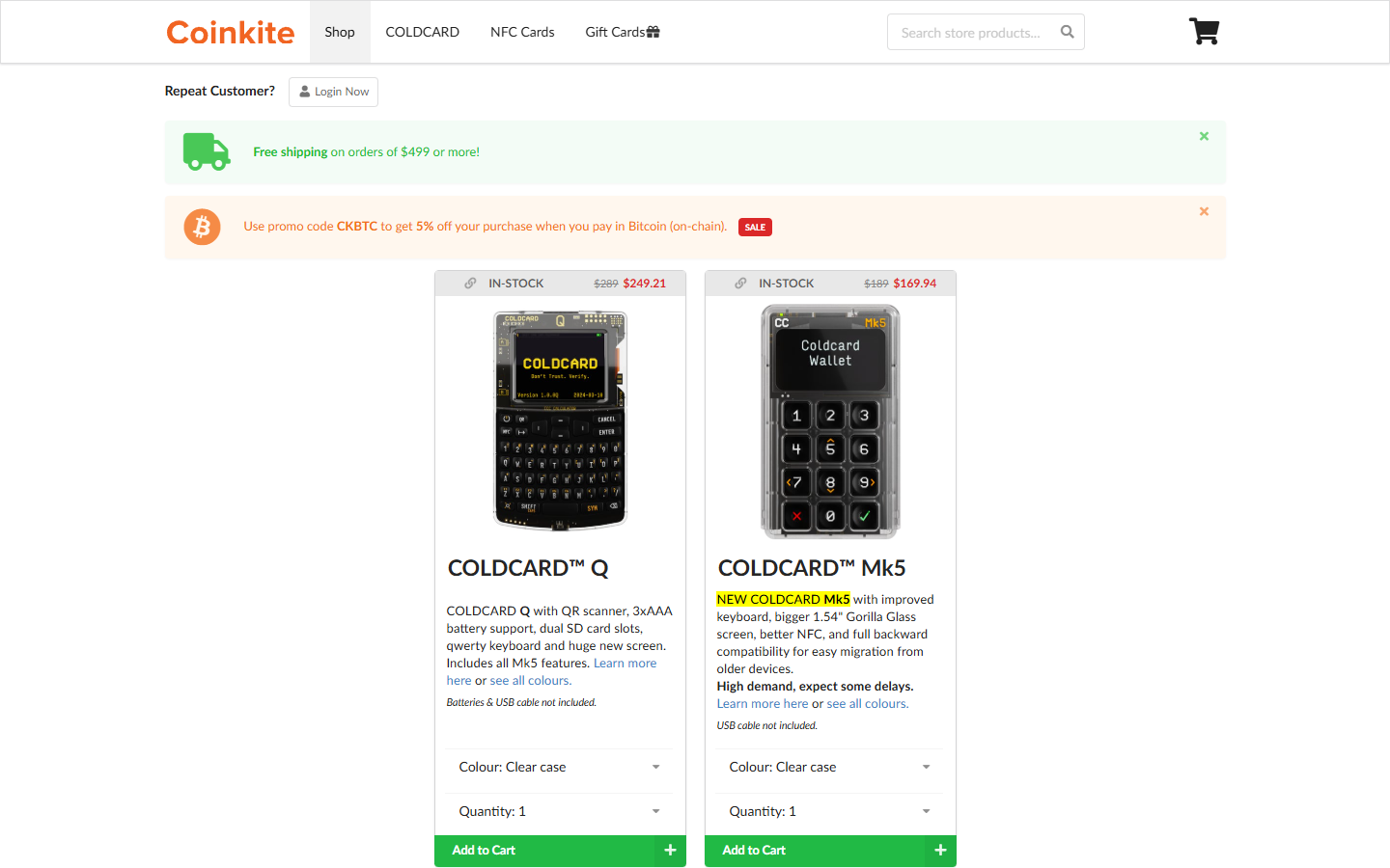 Coldcard store page showing Coldcard Q and Mk4 hardware wallet pricing and availability