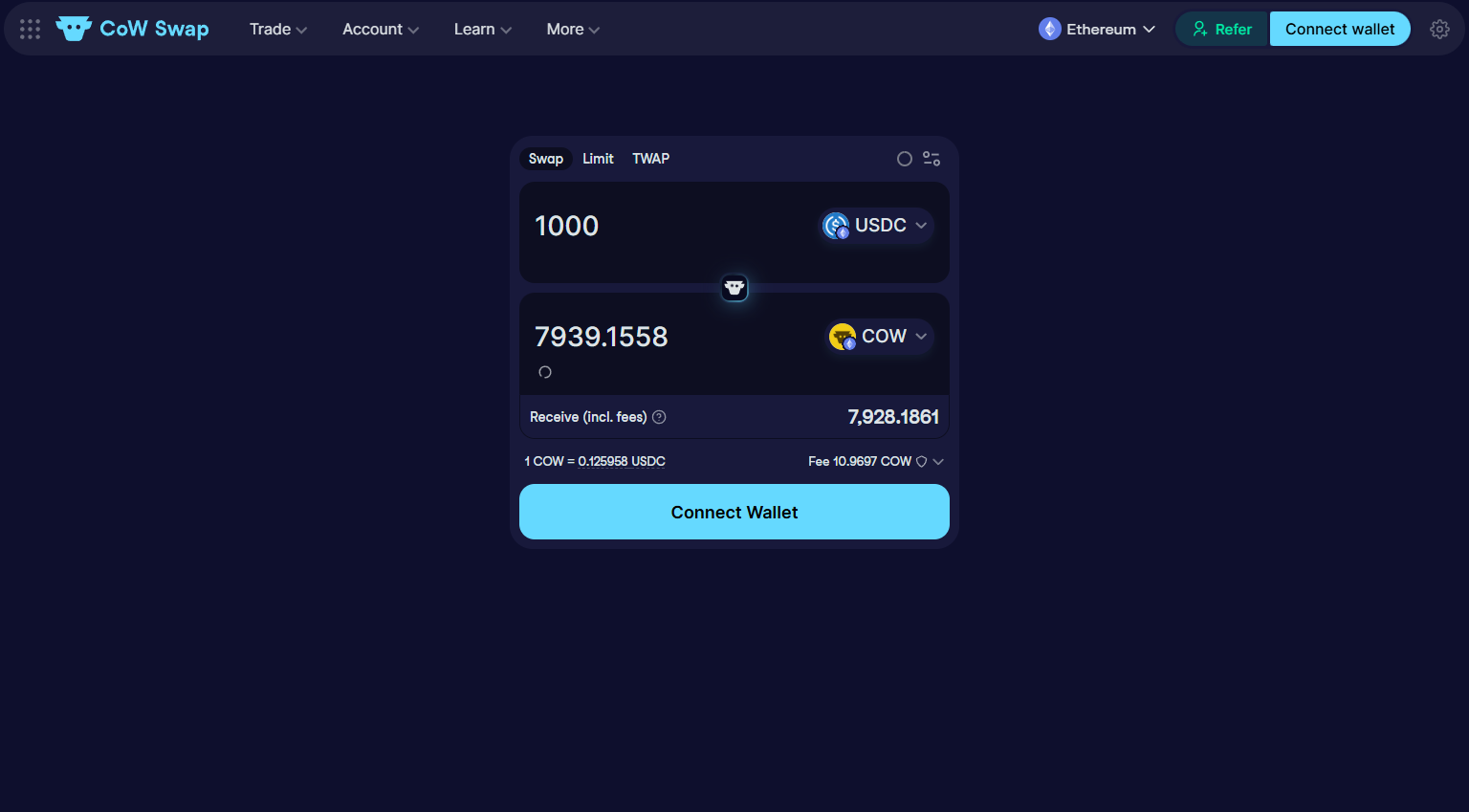 CoW Protocol homepage showing batch auction MEV protection and surplus sharing model