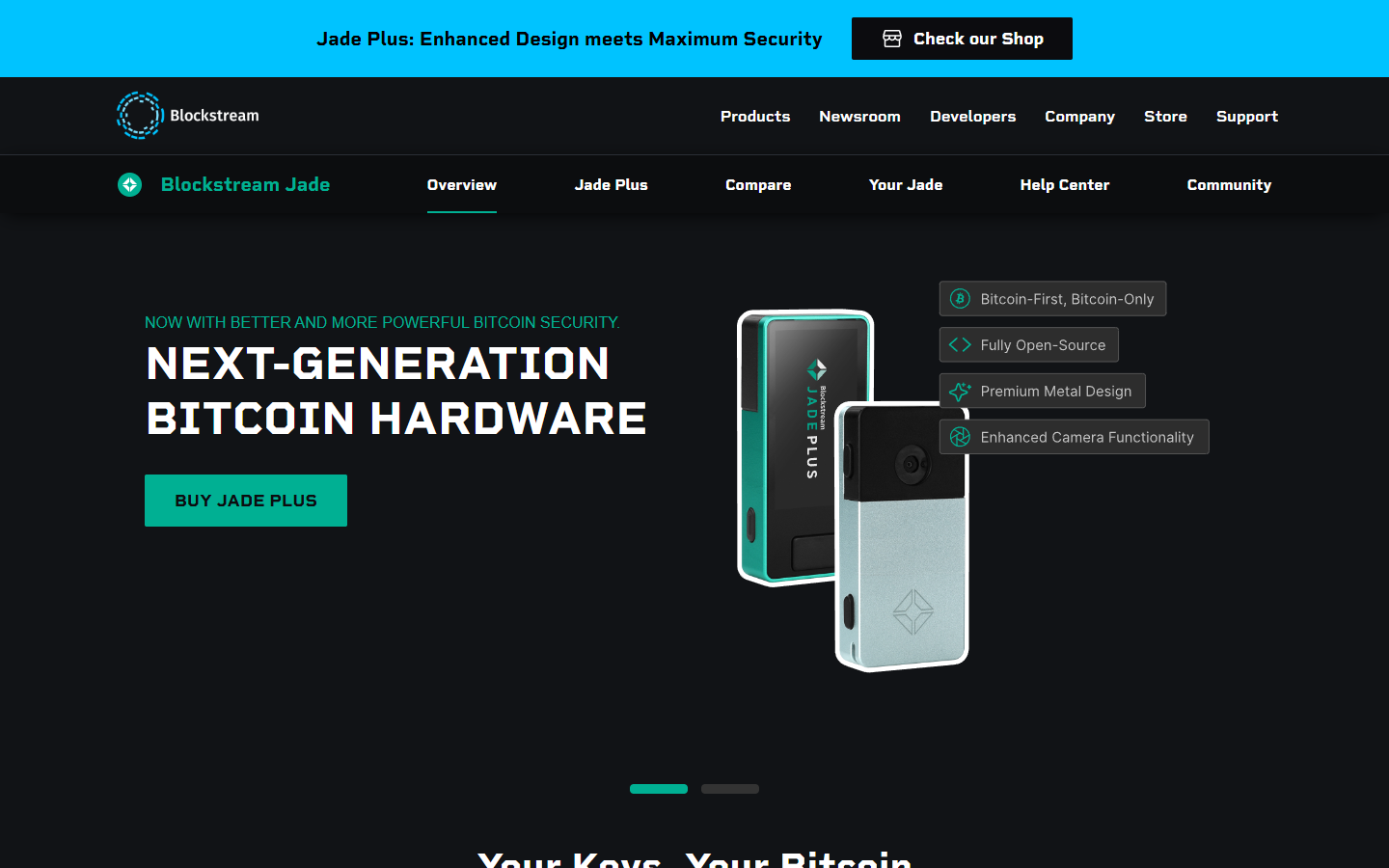 Blockstream Jade hardware wallet product page showing Bitcoin and Liquid signing device