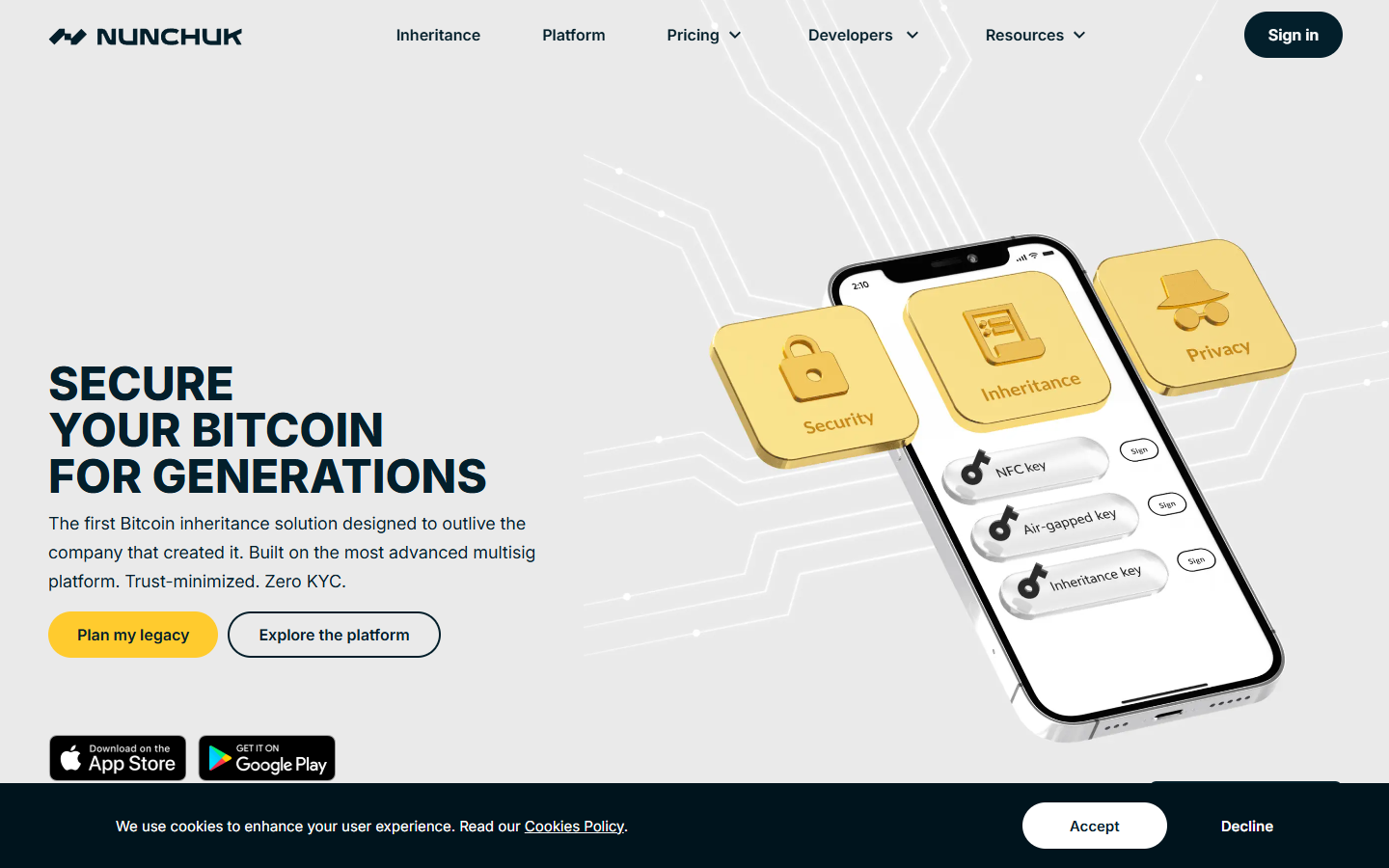 Nunchuk homepage showing flexible multisig coordination wallet for Bitcoin self-custody