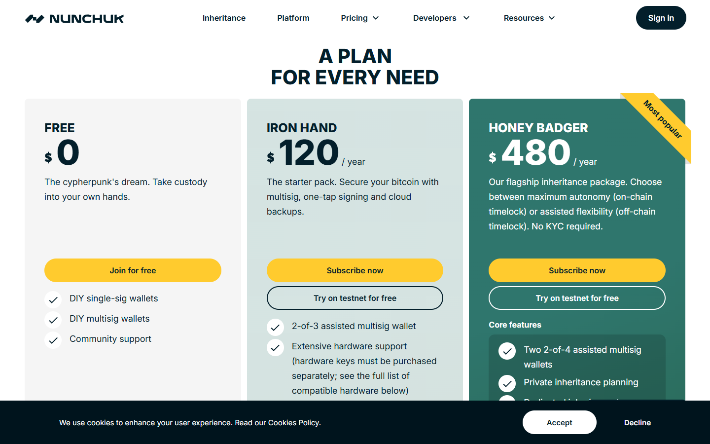 Nunchuk pricing page showing plan tiers for multisig coordination