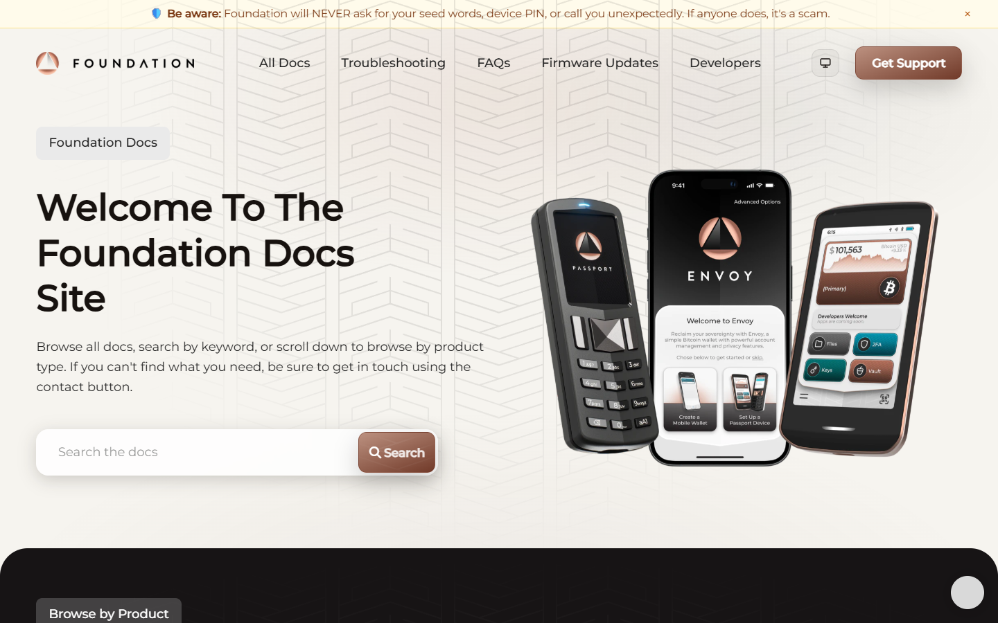 Passport Foundation Devices documentation page showing setup guide and Envoy app pairing