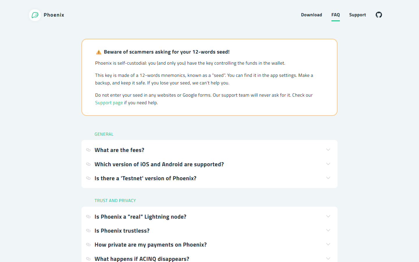 Phoenix FAQ page showing fee model, trust model, and liquidity management documentation