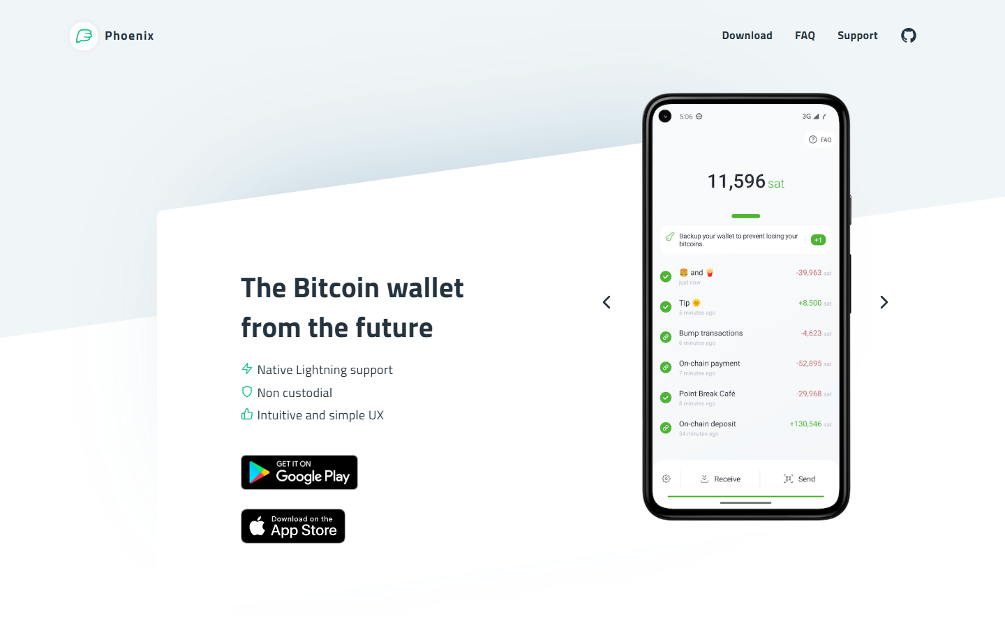 Phoenix wallet homepage showing self-custodial Lightning wallet with automatic channel management