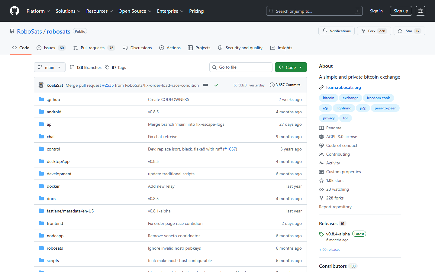 RoboSats GitHub repository showing federated Lightning P2P exchange architecture