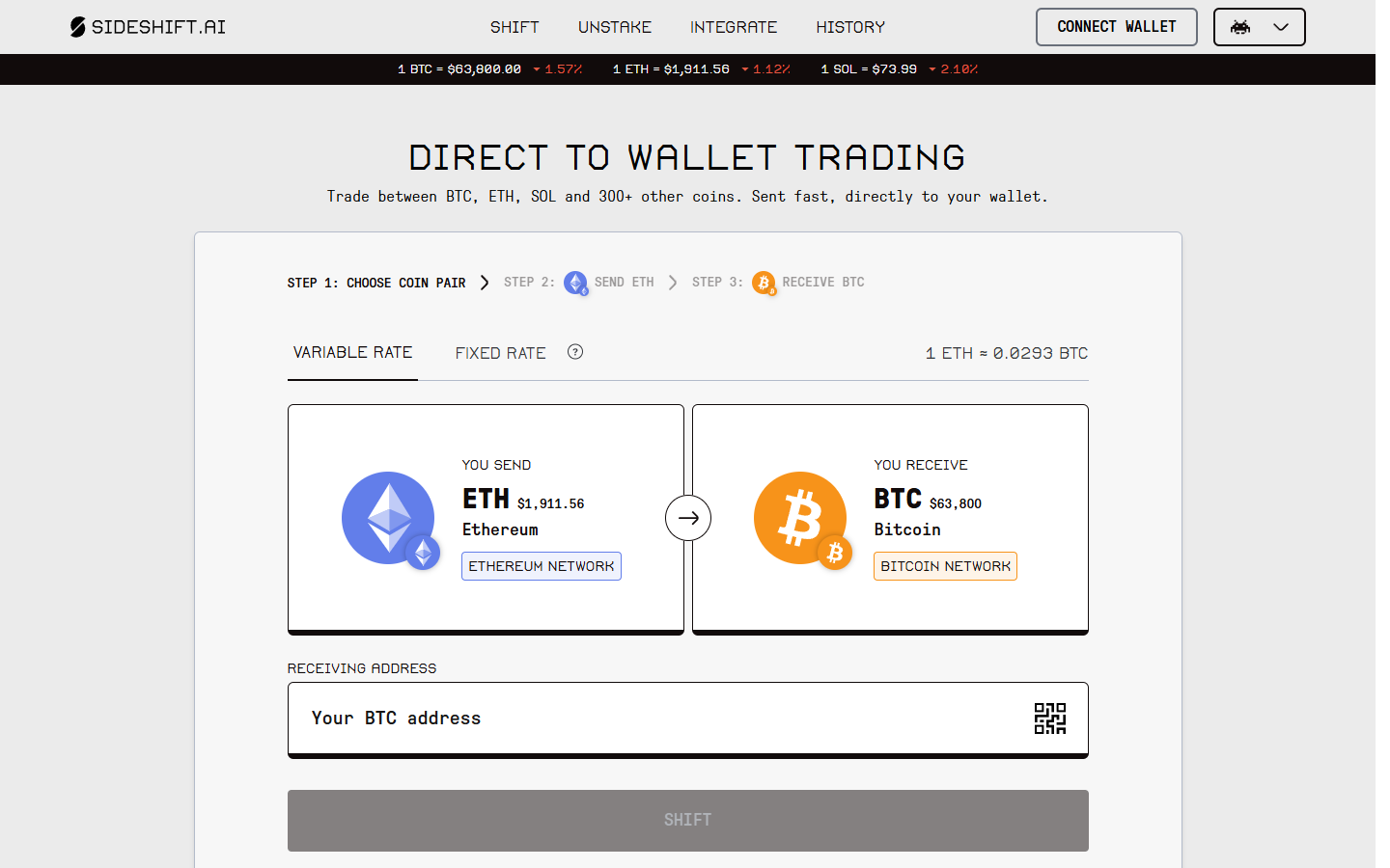 SideShift homepage showing no-registration crypto swap interface and fee transparency
