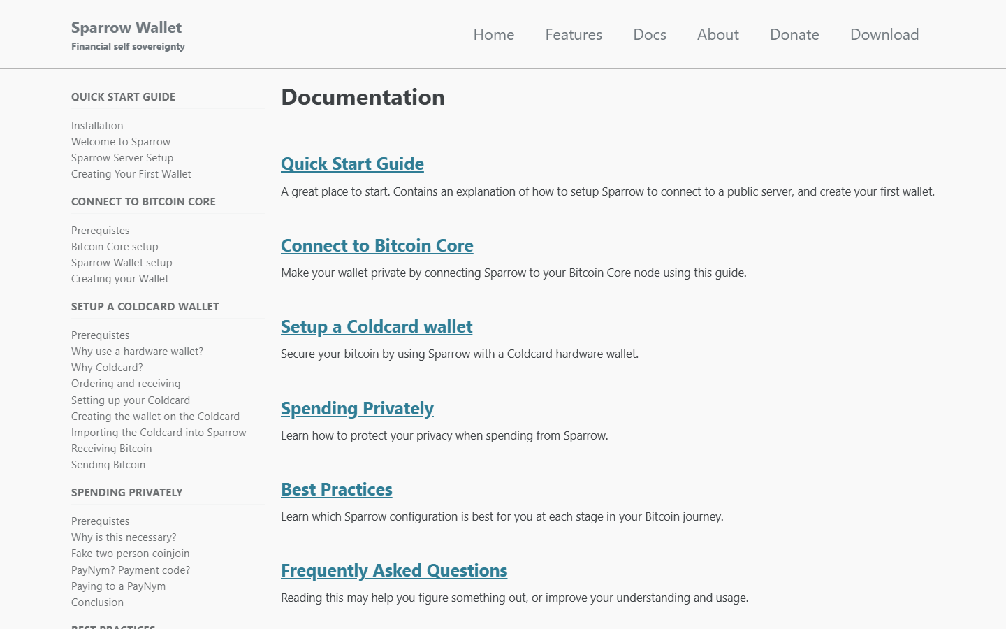 Sparrow Wallet documentation showing setup and feature reference