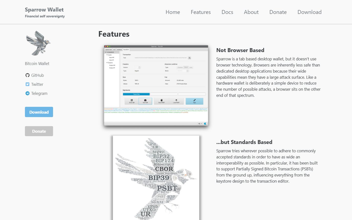 Sparrow Wallet features page showing multisig capabilities and hardware wallet support