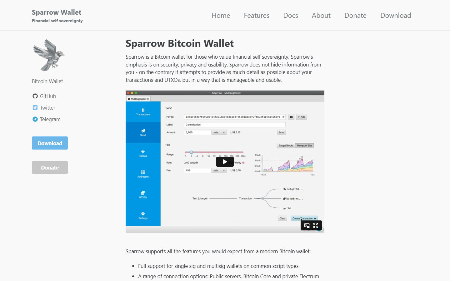Sparrow Wallet homepage showing advanced Bitcoin wallet with full PSBT transparency