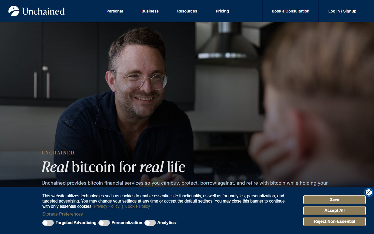 Unchained homepage showing collaborative Bitcoin custody and multisig vault service